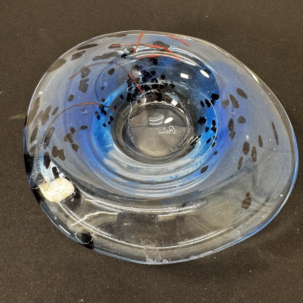 Blue Speckled Hand blown Glass Bowl Vintage MCM‎ - Heavy